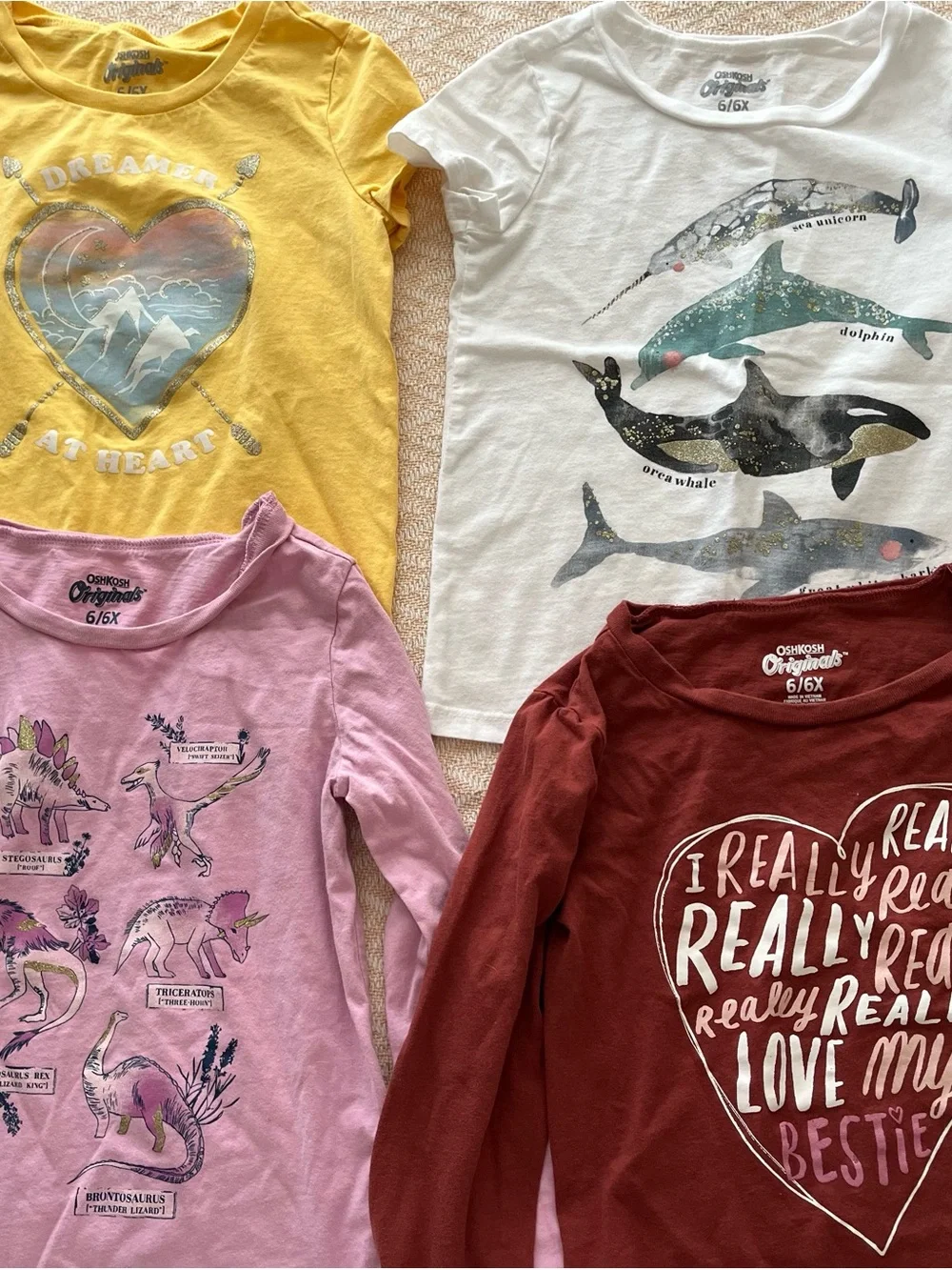 OshKosh B'gosh girls’ size 6/6X Yellow, White, Pink & Maroon Graphic Tee Set